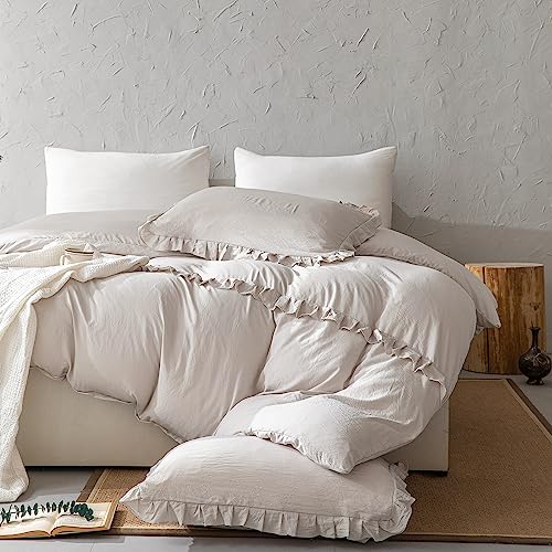Herside Beige Ruffle Duvet Cover Set, King Size, Cream Bedding