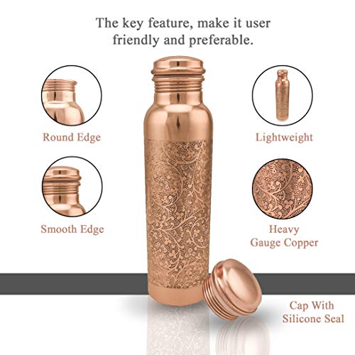 Vibranics Aquatic Copper Water Bottle 1L Ayurvedic Vessel Dark Embossed - view 5