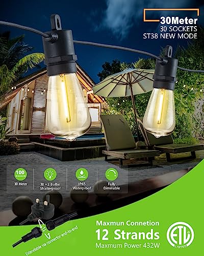 Festoon Lights Outdoor 30m 100ft IP65 32 LED 2700K Bulbs 4m Extension Cable - view 3