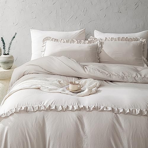 Herside Beige Ruffle Duvet Cover Set, King Size, Cream Bedding