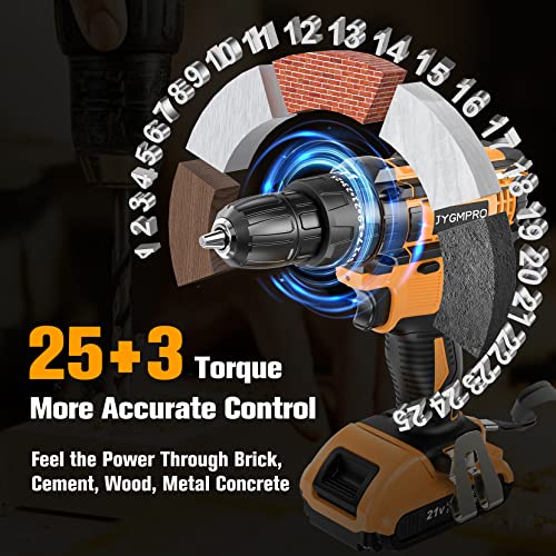 JYGMPRO 21V Cordless Drill Driver Set, 2 Batteries, 30 Bits