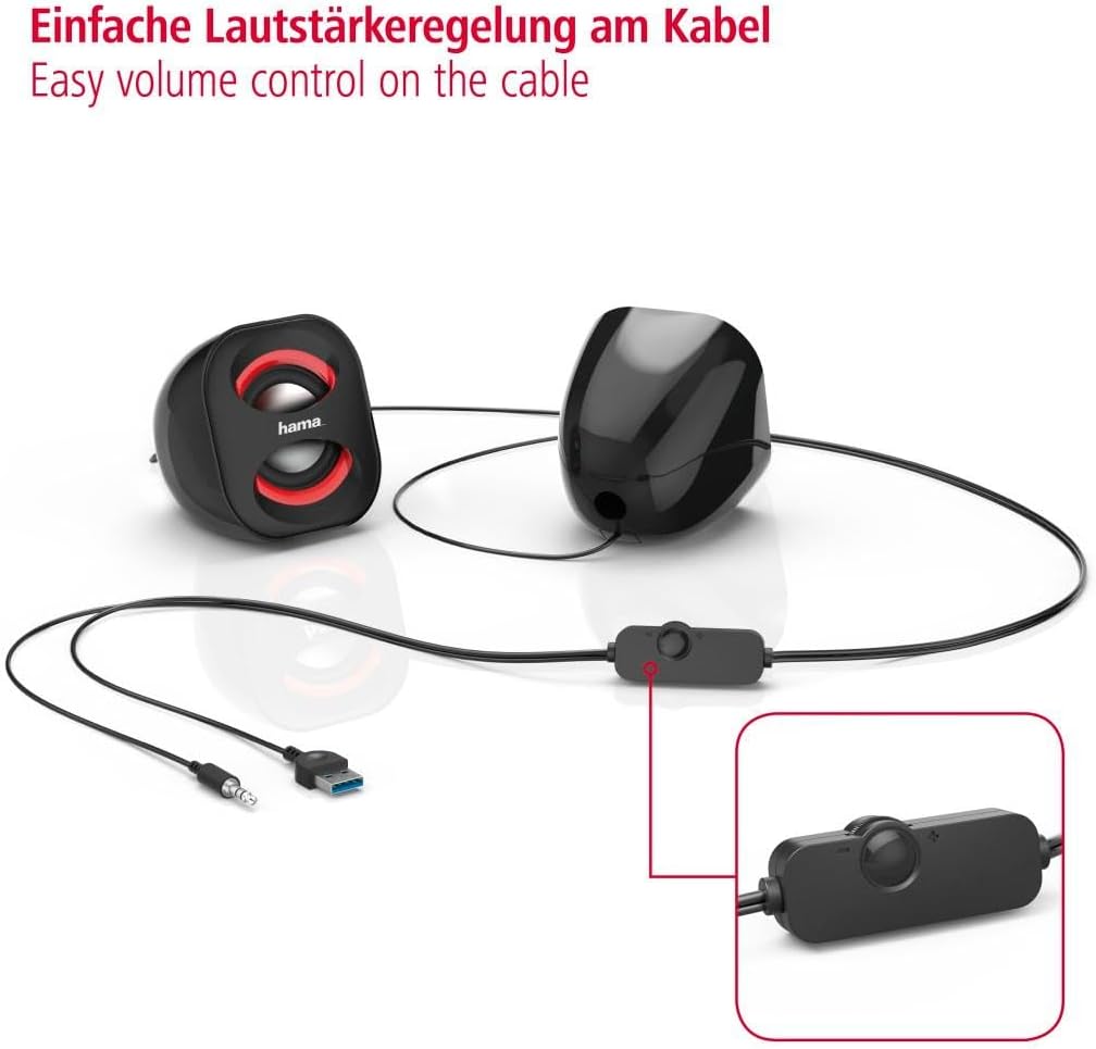 Hama Sonic Mobil PC Speakers x2 USB 3.0 3.5mm Jack 3W Active Black Red
