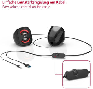 Hama Sonic Mobil PC Speakers x2 USB 3.0 3.5mm Jack 3W Active Black Red