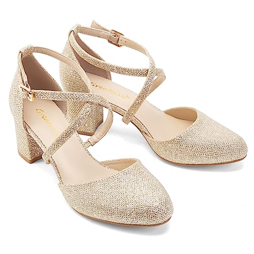 Greatonu Womens Court Shoes Chunky High Heel Ankle Strap Gold Glitter Size 4 - view 4
