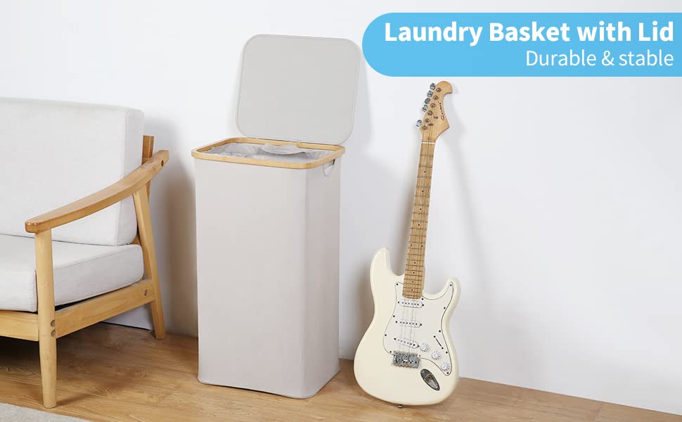 efluky Laundry Basket 100L with Lid Bamboo Handles Foldable Light Grey - view 9