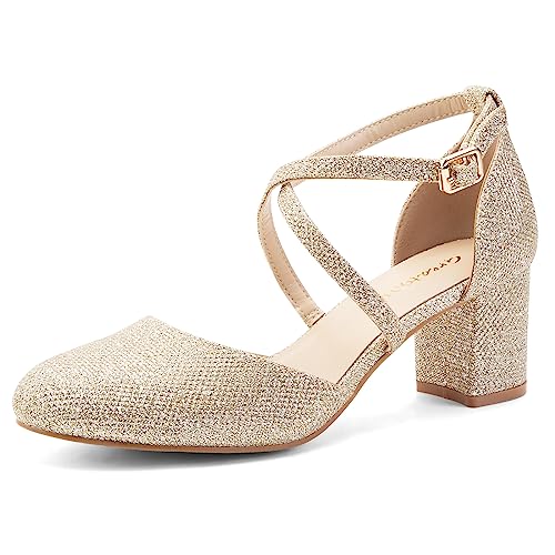 Greatonu Womens Court Shoes Chunky High Heel Ankle Strap Gold Glitter Size 4 - view 1