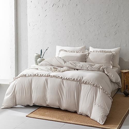 Herside Beige Ruffle Duvet Cover Set, King Size, Cream Bedding