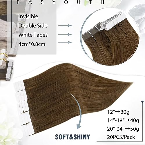 Easyouth Tape In Brown Hair Extensions Tape In Real Hair Tape, 50g, 20Pcs