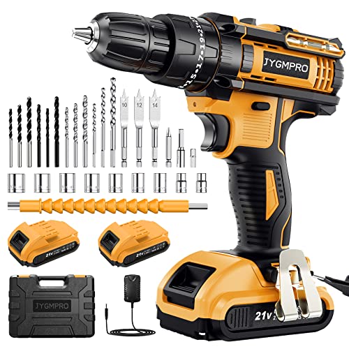 JYGMPRO 21V Cordless Drill Driver Set, 2 Batteries, 30 Bits