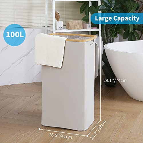efluky Laundry Basket 100L with Lid Bamboo Handles Foldable Light Grey - view 3