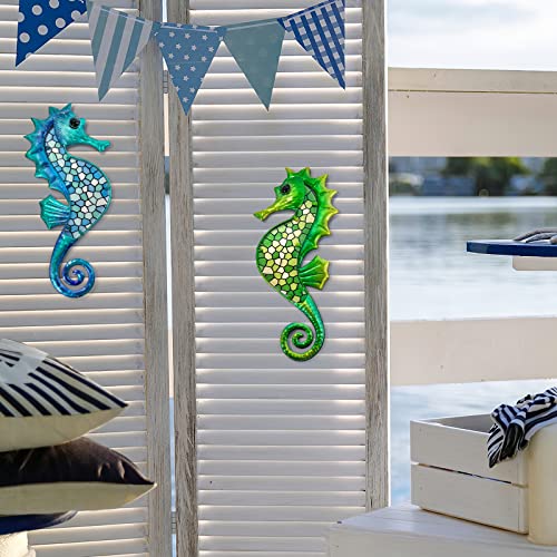 Hongland Seahorse Metal Wall Art 2 Pcs Mosaic Glass Coastal Garden Decor - view 3