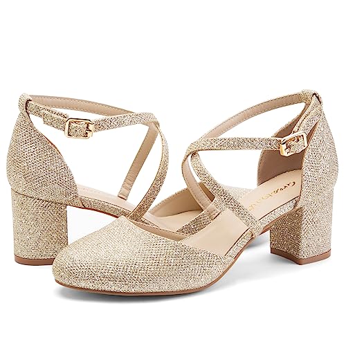 Greatonu Womens Court Shoes Chunky High Heel Ankle Strap Gold Glitter Size 4 - view 2