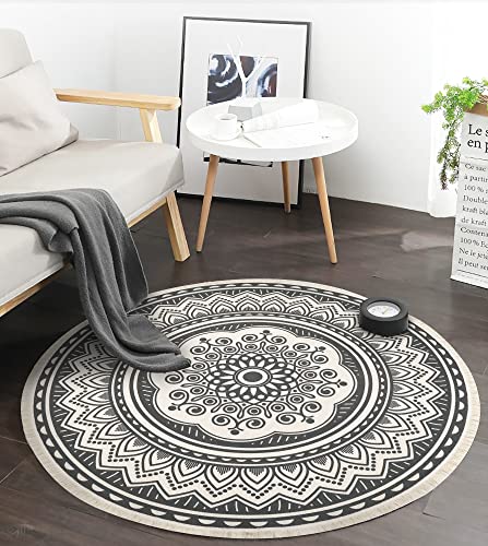 Yomshi 4ft Circle Rug Round Area Rug Cotton Woven Rug With Tassels Boho Rug