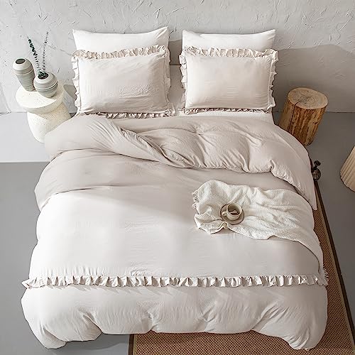 Herside Beige Ruffle Duvet Cover Set, King Size, Cream Bedding