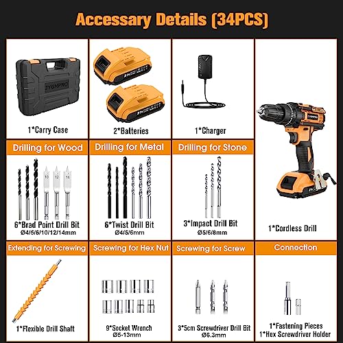 JYGMPRO 21V Cordless Drill Driver Set, 2 Batteries, 30 Bits