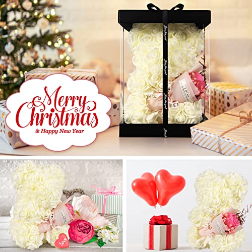 Pohomegk Handmade Rose Bear Gift White Mother's Day Birthday Wedding
