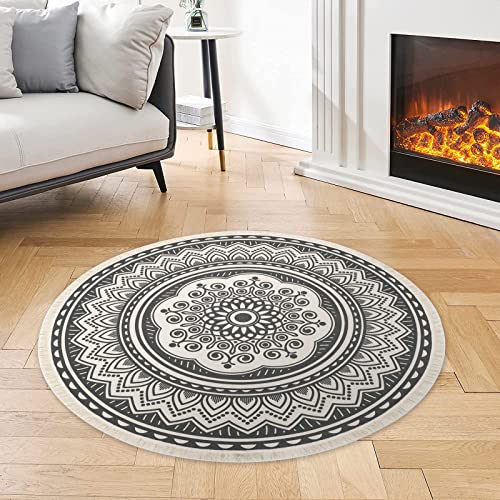 Yomshi 4ft Circle Rug Round Area Rug Cotton Woven Rug With Tassels Boho Rug