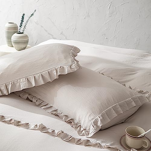 Herside Beige Ruffle Duvet Cover Set, King Size, Cream Bedding