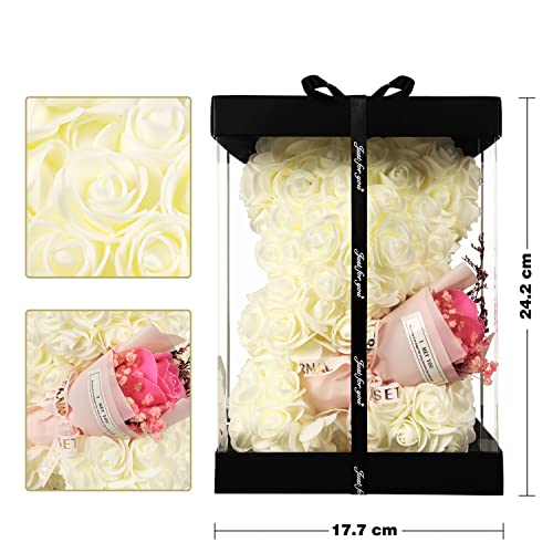 Pohomegk Handmade Rose Bear Gift White Mother's Day Birthday Wedding