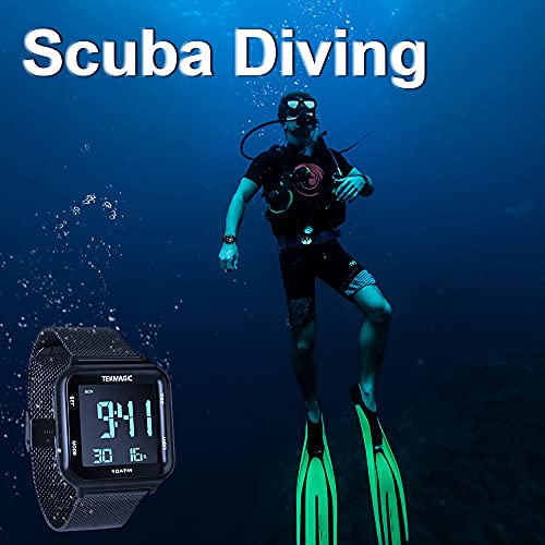 10 ATM Waterproof Submersible Digital Watch With Stainless Steel Watch Strap