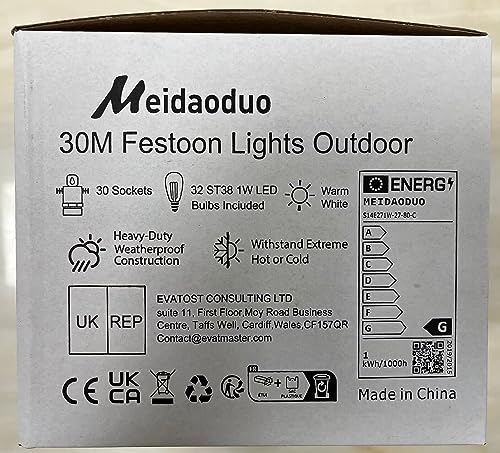 Festoon Lights Outdoor 30m 100ft IP65 32 LED 2700K Bulbs 4m Extension Cable - view 12