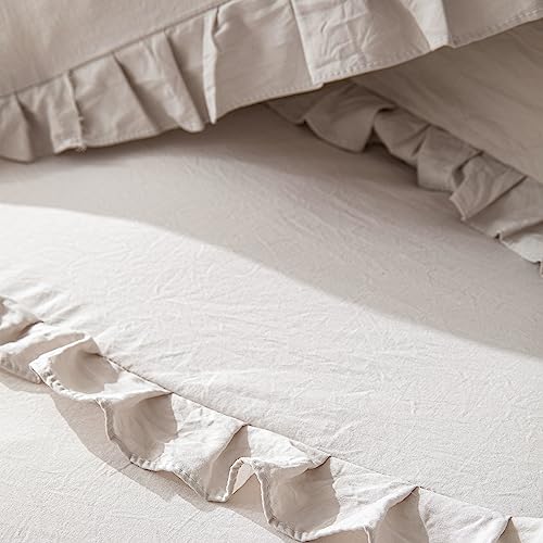 Herside Beige Ruffle Duvet Cover Set, King Size, Cream Bedding