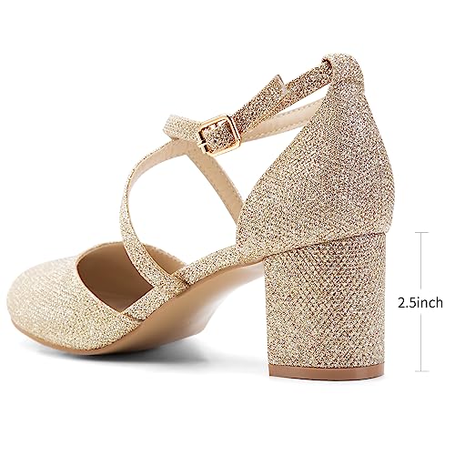 Greatonu Womens Court Shoes Chunky High Heel Ankle Strap Gold Glitter Size 4 - view 5