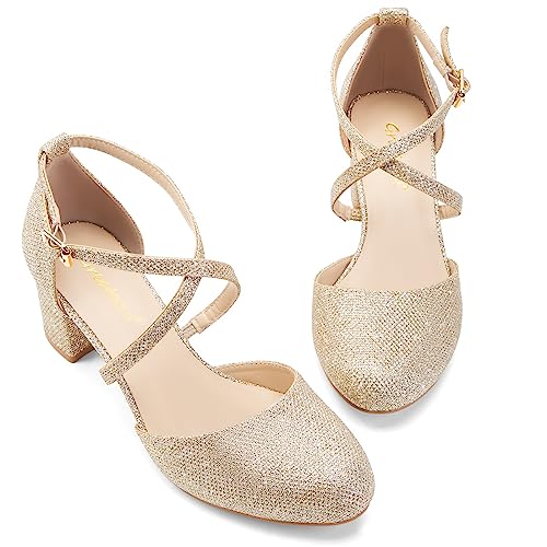 Greatonu Womens Court Shoes Chunky High Heel Ankle Strap Gold Glitter Size 4 - view 3