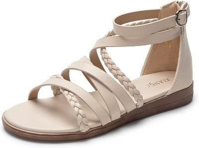 Remxi Womens Strappy Flat Ankle Strap Sandals Beige UK 5.5
