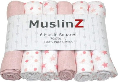 Muslinz 6-Pack Baby Muslin Cloths, Pink Star, 70X70cm, Multi-Use