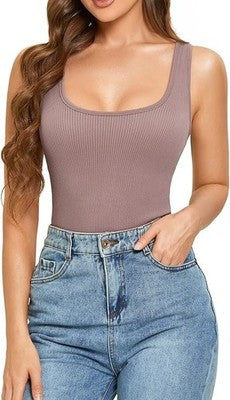 INLYRIC Women's Ribbed Scoop Neck Bodysuit Sleeveless Argyle Purple UK 8