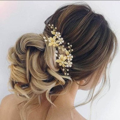 Handcess 2Pcs Flower Bride Hair Pins Gold Crystal Headpiece, Pearl & Leaves