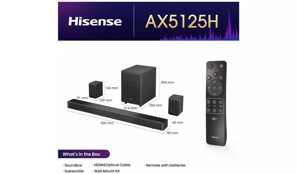 Hisense AX5125H 5.1.2Ch Soundbar with Rear Speakers & Subwoofer Home Cinema