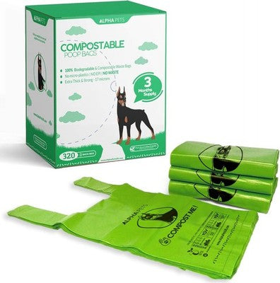 Alpha Pets Compostable Dog Poo Bags Easy-Tie Handles 320 Waste Bags 10 Rolls