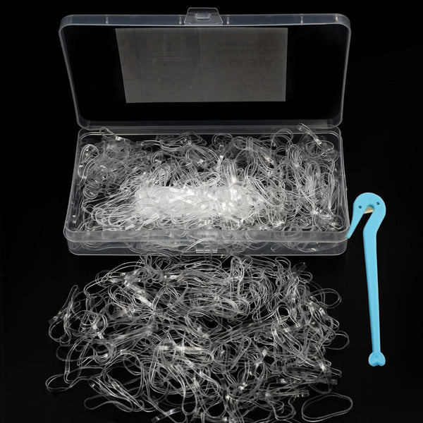 500 Clear Elastic Hair Bands with Box & Hook - Strong Mini Rubber Ties