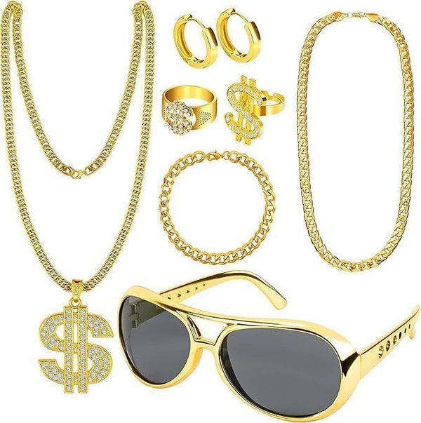 Dreamtop 80s 90s Hip Hop Costume Kit - Rapper Fancy Dress Gold Accessories