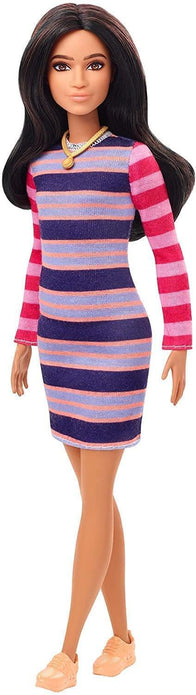 Barbie Fashionistas Doll #147 Long Brunette Hair & Striped Dress - Brand New