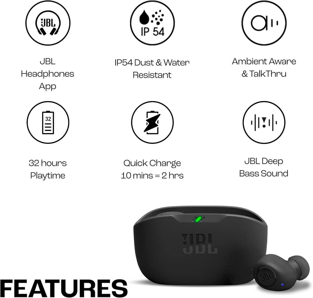 JBL Wave Buds In-Ear Wireless Earbuds, Waterproofing, Powerful Bass, Black