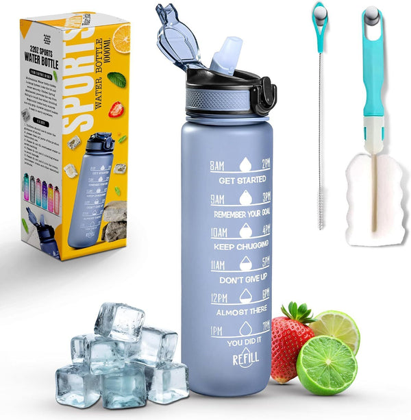 K-MART 900ml Sports Water Bottle with Straw, Time Markings, BPA-Free, Grey