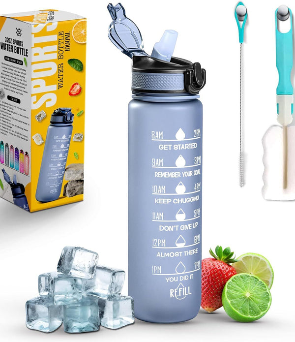 K-MART 900ml Sports Water Bottle with Straw, Time Markings, BPA-Free, Grey