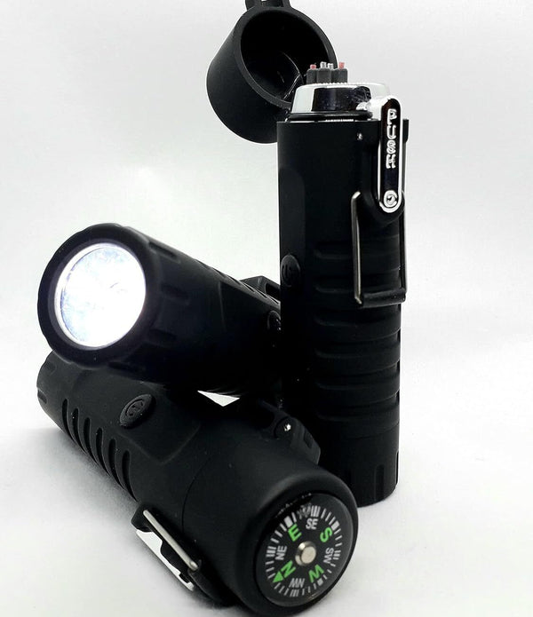 Multifunction Waterproof Dual Arc Lighter with LED Flashlight & Compass