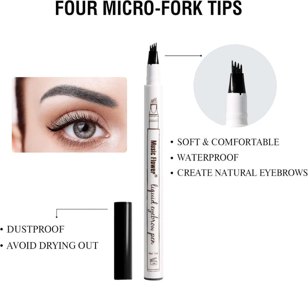Music Flower Eyebrow Pencil Waterproof Brow Pen 4 Micro-Fork Tip, Chestnut
