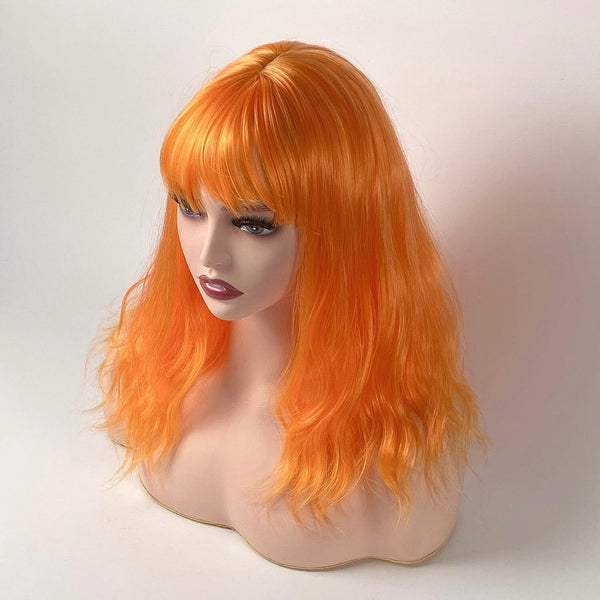 DTWa 15" Orange Curly Wig - Soft Synthetic, Air Bangs, Shoulder Length