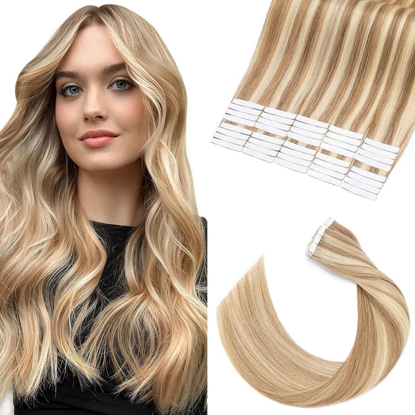 Elailite 40pcs Straight Tape-In Hair Extensions - 18" Golden Brown Mix, 100g