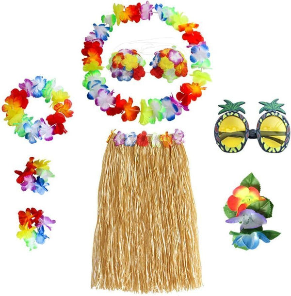 8PCS Hawaiian Hula Skirt Costume Set with Lei & Hair Clip - Party Decorations