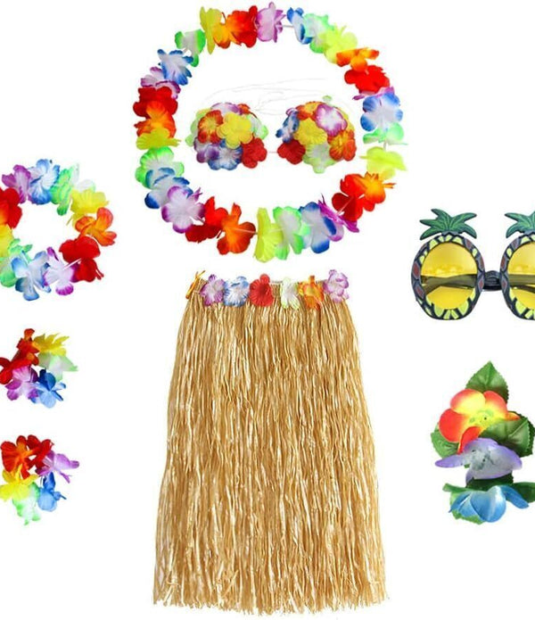 8PCS Hawaiian Hula Skirt Costume Set with Lei & Hair Clip - Party Decorations