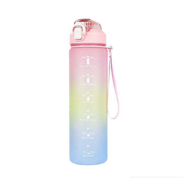 CodiCile 1L Sports Water Bottle - Straw, Time Markings, Gradient Pink