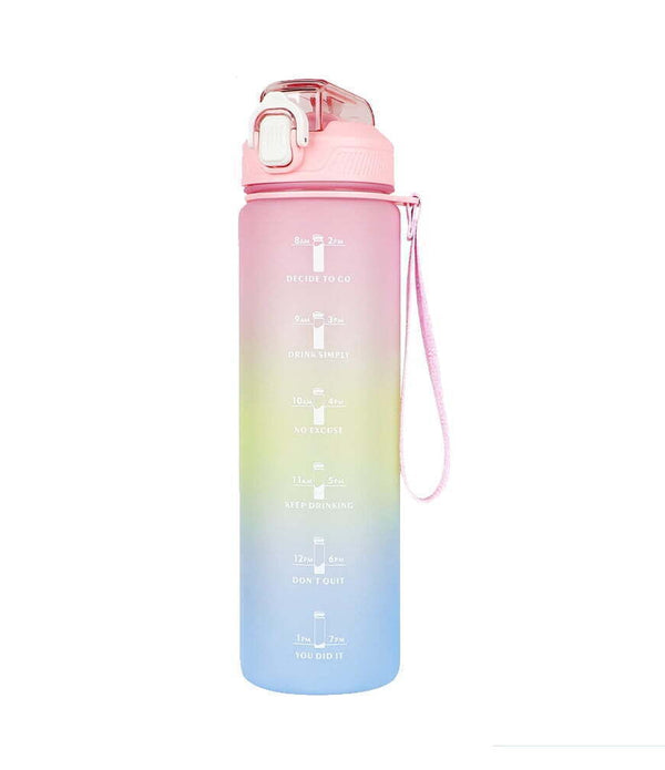 CodiCile 1L Sports Water Bottle - Straw, Time Markings, Gradient Pink