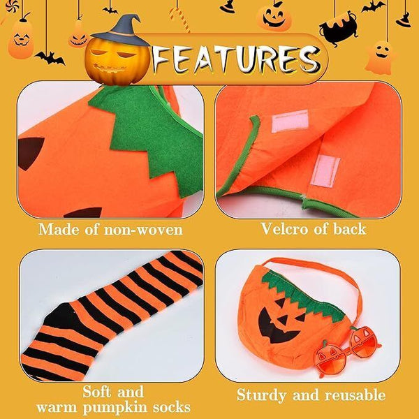 6 PCS Halloween Pumpkin Costume Set for Women & Kids, Includes Socks, Glasses