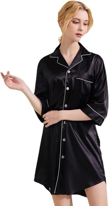 Women's Satin Boyfriend Nightshirt, Button-Down, Pockets, Sleepwear, Black, XXL